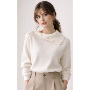 ADEAM Button Cowl Neck Knit Sweater in White Quiet Luxury Minimalist Preppy Sz S